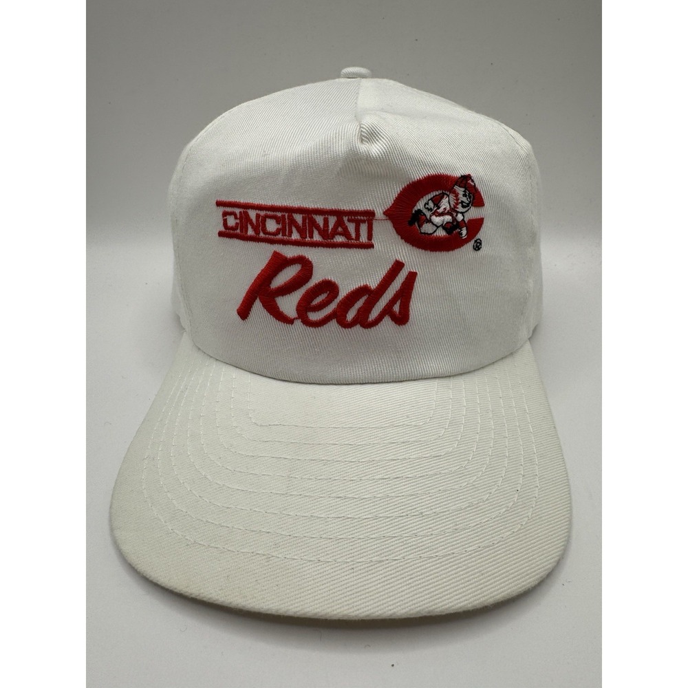 VTG Cincinnati Reds Snapback Hat ANNCO Mr Redlegs Script MLB 90s White